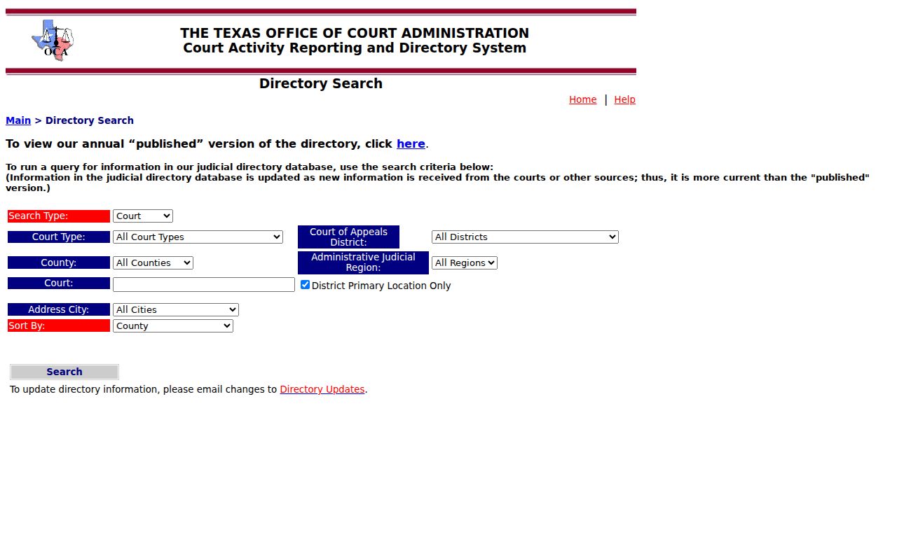 Official OCA directory search controls used to locate Texas courts