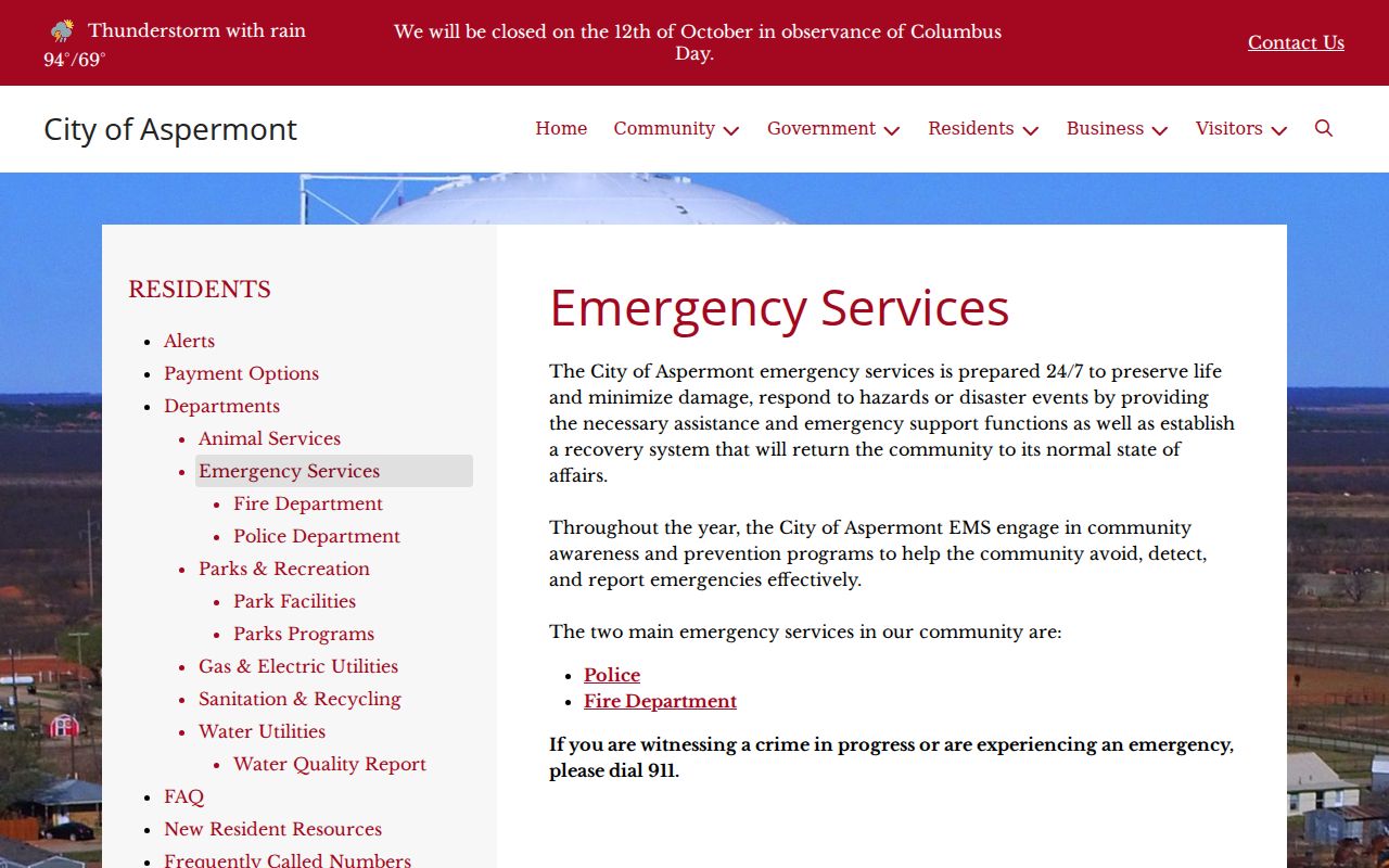 City of Aspermont emergency services page directing emergencies to 911