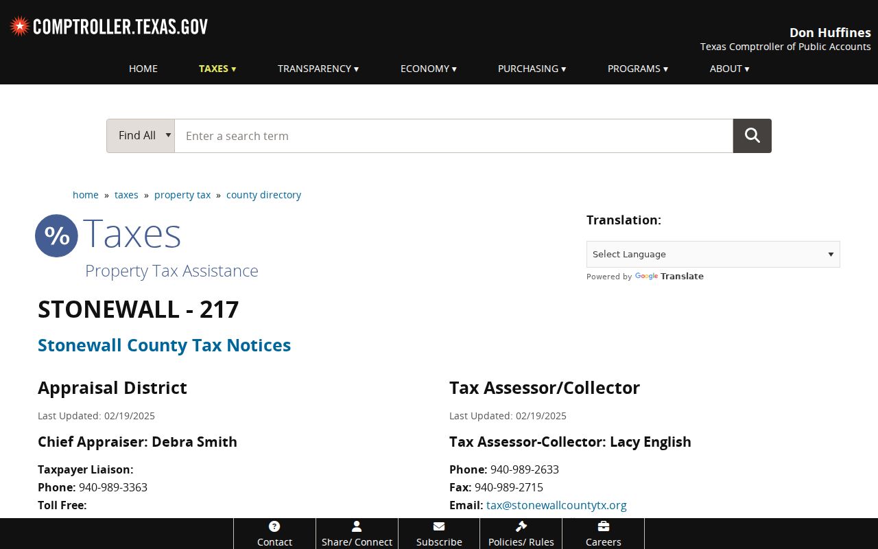 Texas Comptroller listing for the City of Aspermont as a Stonewall County taxing unit