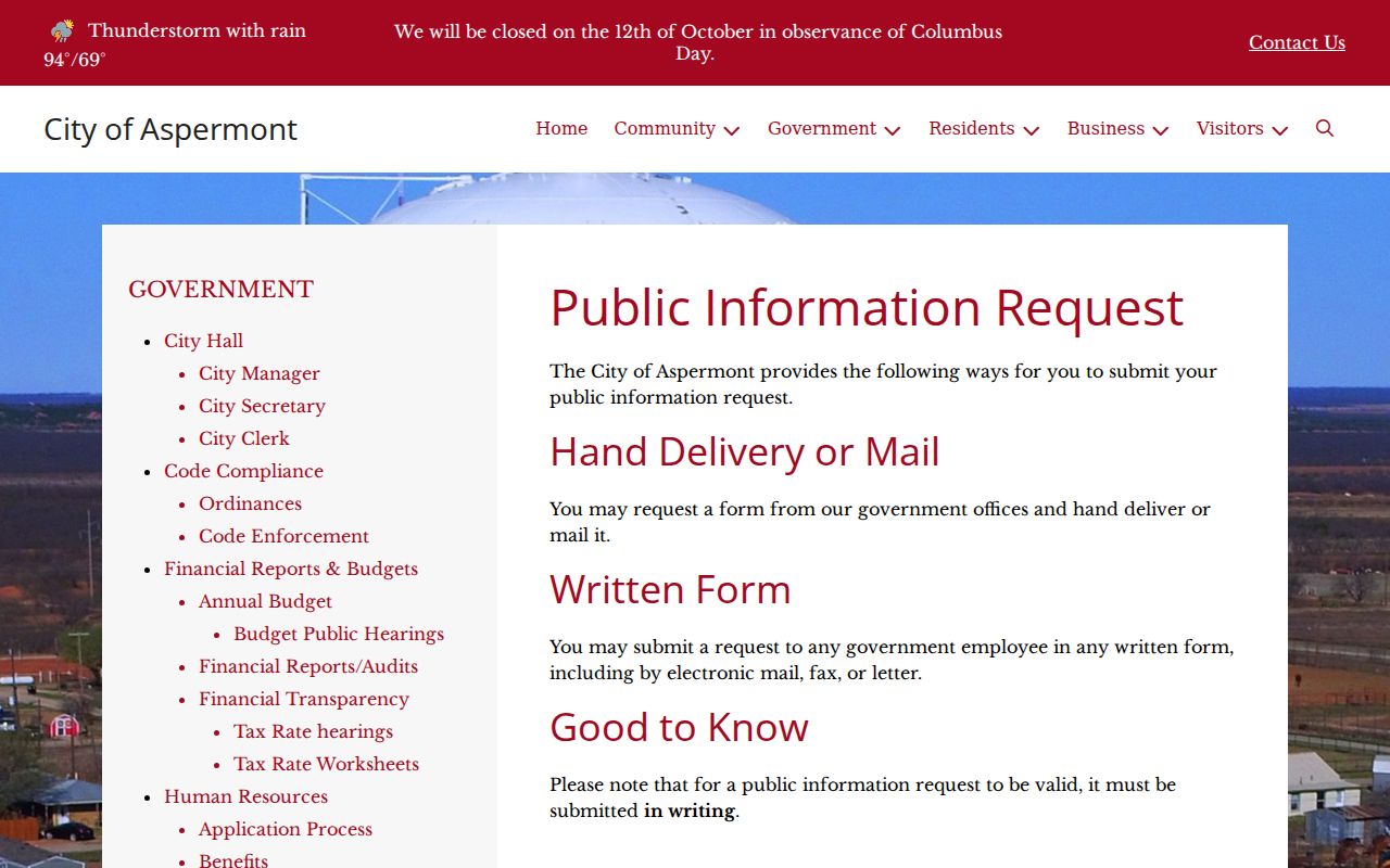 City of Aspermont instructions for written public-information requests
