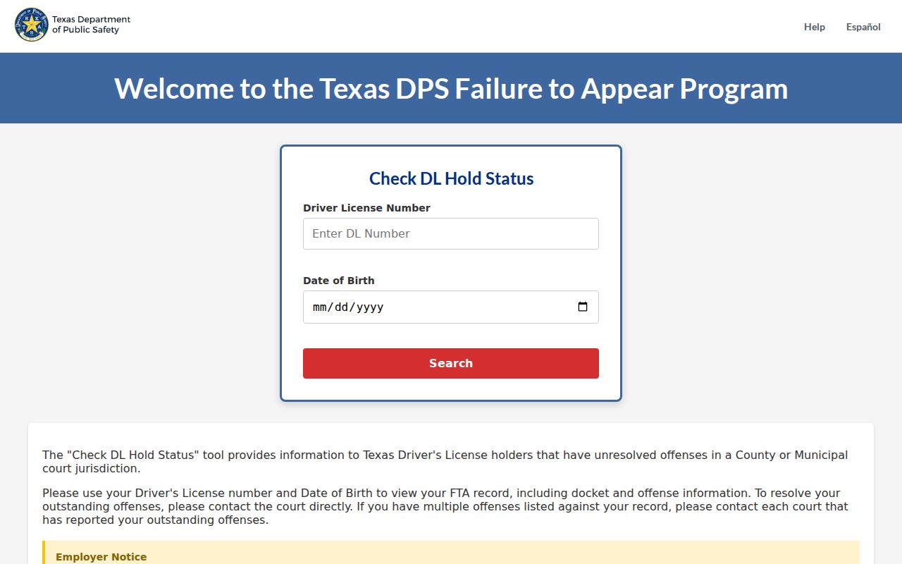 Texas Failure to Appear portal landing page for state FTA and FTP reports