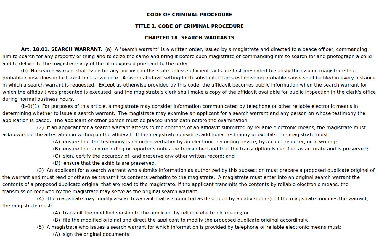 Texas search warrant access and execution rules under Chapter 18