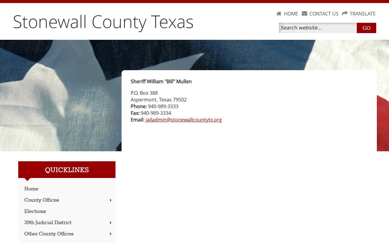 Stonewall County Sheriff public contact page